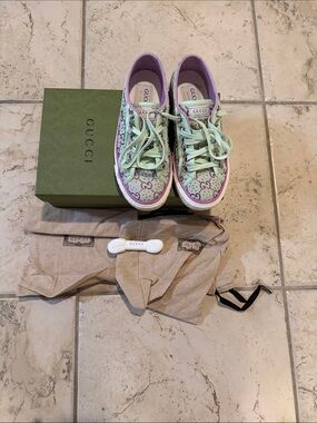 Gucci Women’s Mint Green and Lavender GG Canvas Low-Top Sneakers